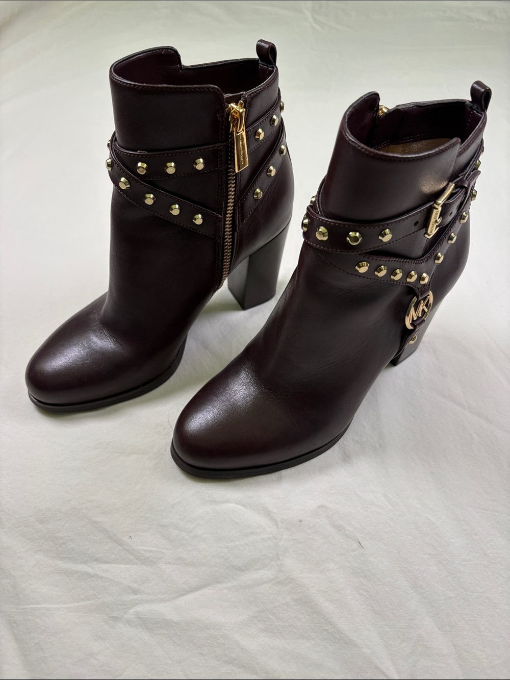 Michael Kors Burgundy Leather Studded Ankle Boots with Gold Accents